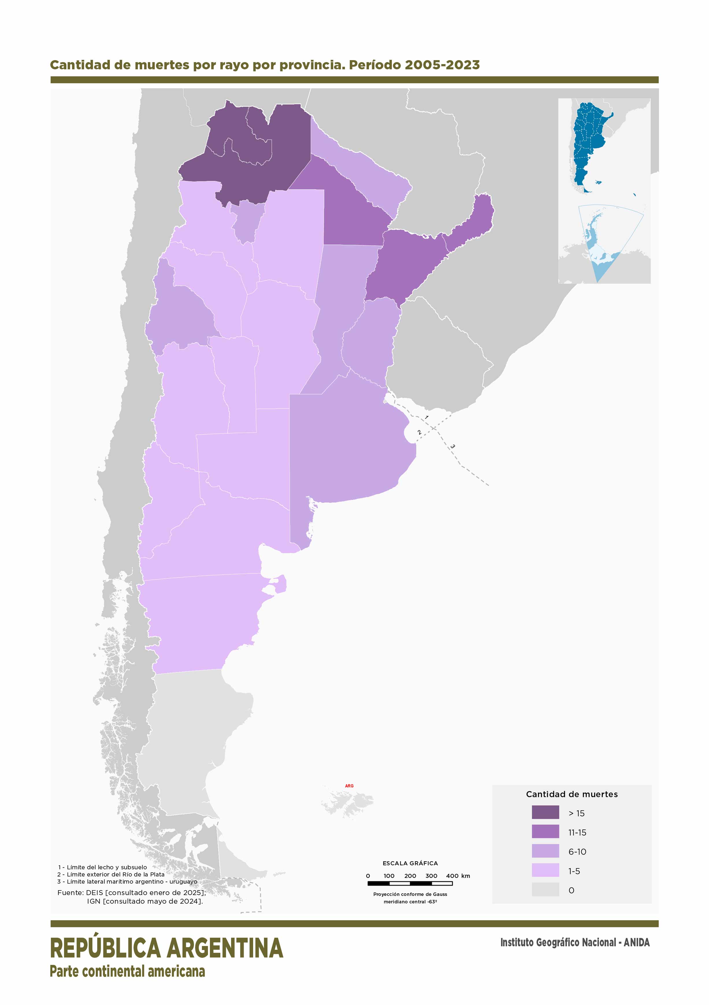 Cantidad de muertes por rayo por provincia. Periodo 2005-2023